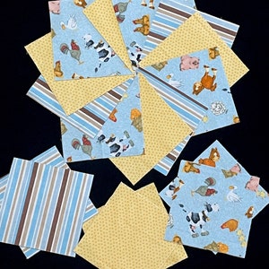 72 farm animal 7&quot; Squares, pre cut flannel quilt blocks, cow pig horse chicken, boy girl, blue orange yellow, stripe patchwork rag quilt kit