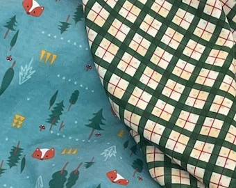 Flanella di volpe della foresta del bosco, verde acqua, arancione ruggine, tessuto per bambini nativi americani, coperta da ricevimento, plaid coordinato, geometrico