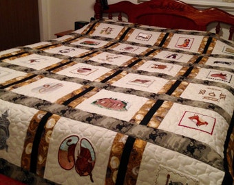 Rodeo Cowboy western quilt, Embroidered Queen Quilt, Handcrafted Western Rodeo Cowboy Quilt, 40 different embroidered squares, ready to ship