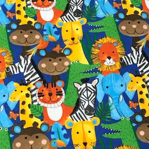 Jungle animals, Zebra elephant lion Zoo animal Square Flannel Fabric  Multi Patchwork Animal Squares,  By the yard, 100% Cotton Flannel