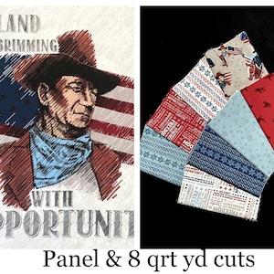 Americana John Wayne 8 qrt yards & panel bundle, stars quotes, red blue cream Freedom, courage, USA flag, The Duke hero, Western, America