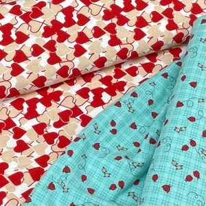 Ladybug plaid flannel fabric, red cream hearts, valentines,  white daisy flowers, pink red, fabric, lady bug, butterfly, sold by the yard
