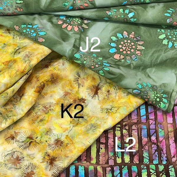 Batik fabric green flowers, multi colors, brown, yellow splash, cotton abstract design, fun bright colors, great for quilts, table cloth