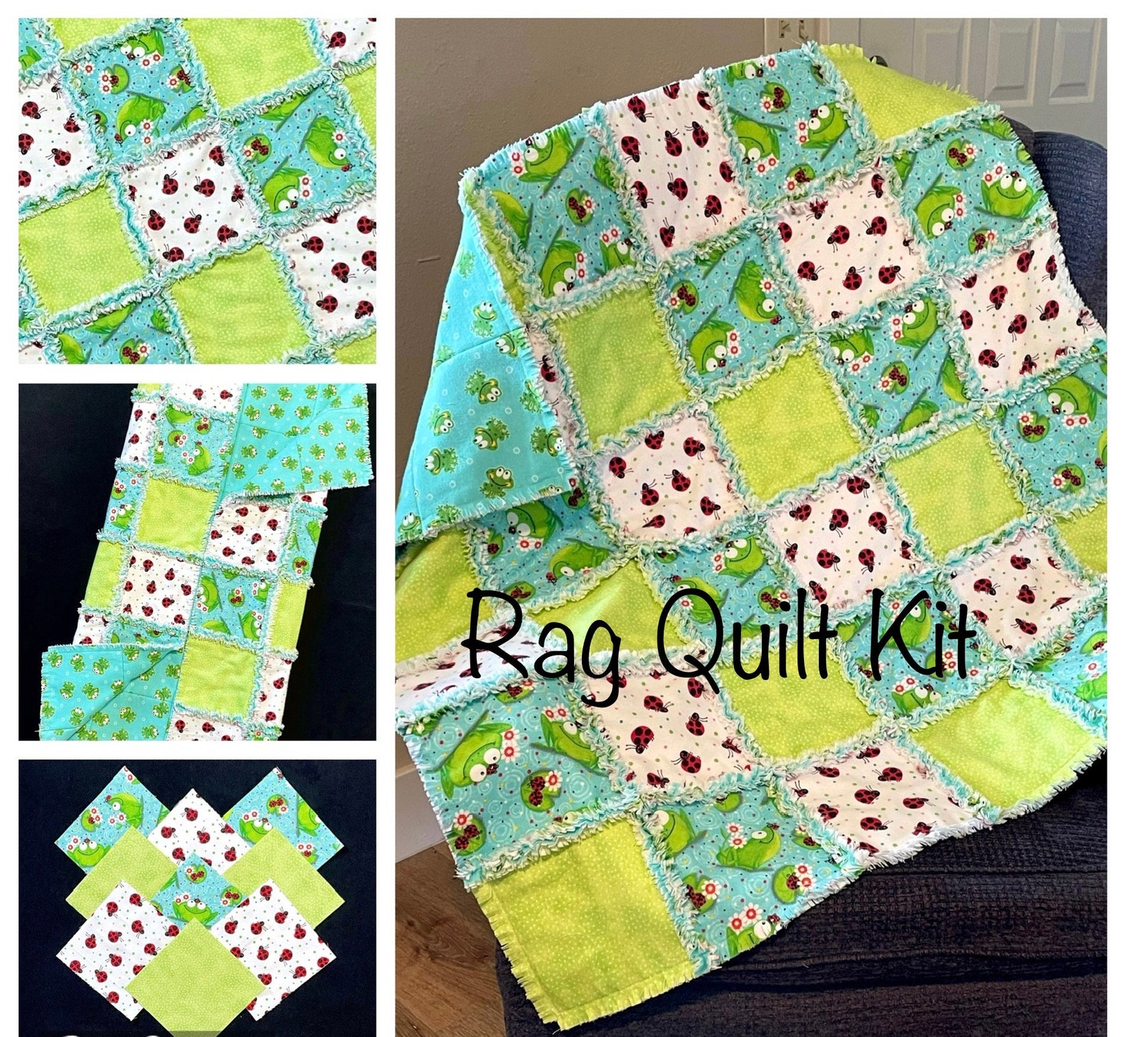 Frog Ladybug Rag Quilt Kit, 72 Square Blocks 7