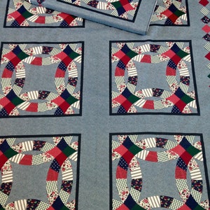 Double wedding ring quilting fabric,  blue red green, pillow panel, striped floral checks, levi blue, quilting fabric