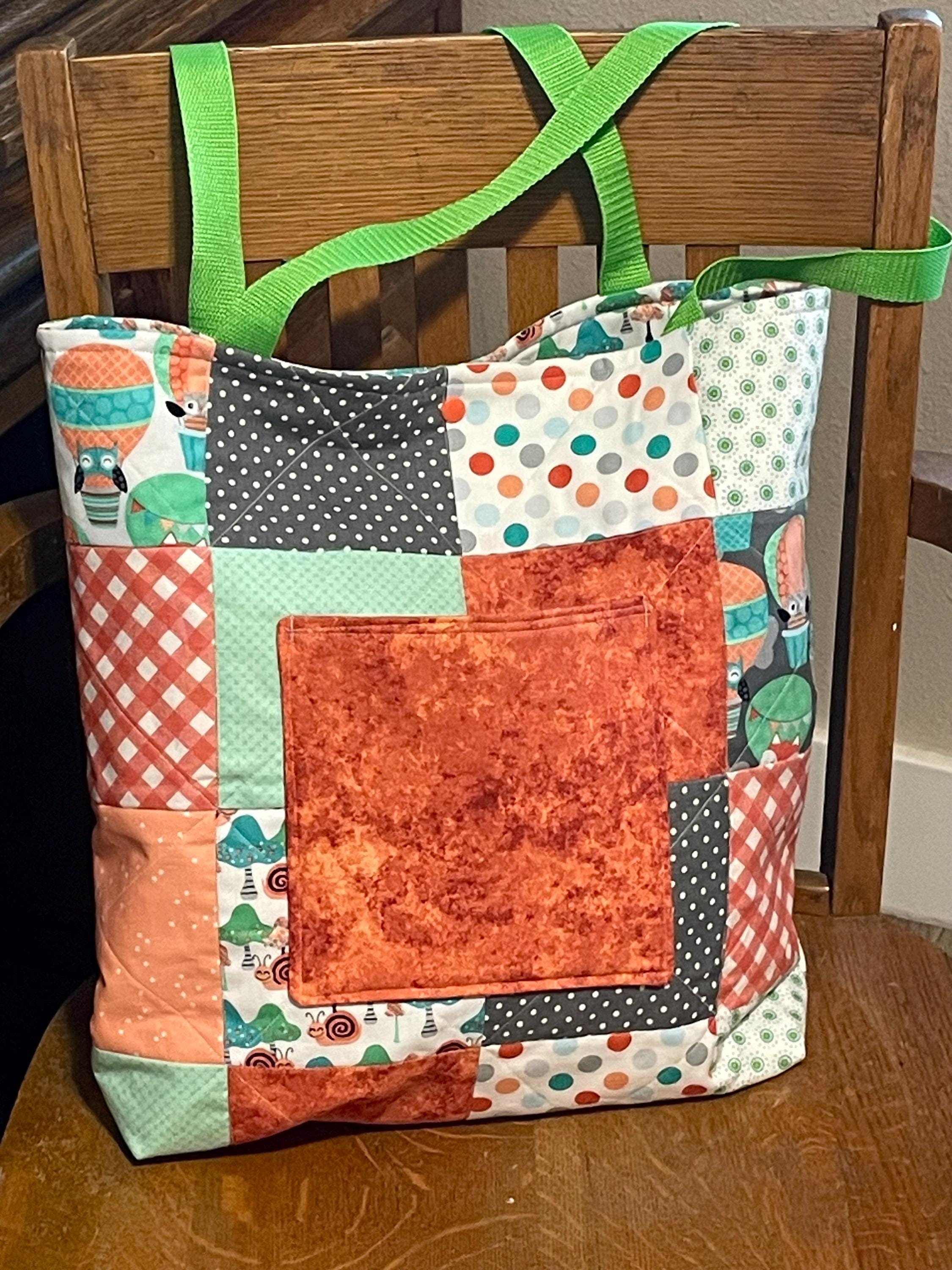 Owl Patchwork blue green orange Bag, mushroom fabric quilted, tote bag, handles, pocket, lined, 16.5
