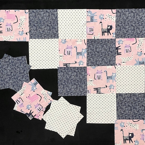 Kitty Cat 7 inch pre cut Square FLANNEL quilt blocks, navy purple pink, kitty cat, design a  patchwork quilt top, blue white polka dots