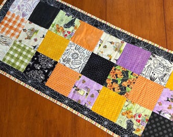 Halloween quilted Table runner, 45 x 19.5, fall Autumn October dinning room decoration, ghost, bat, witch, cob web,  skeleton, colorful,