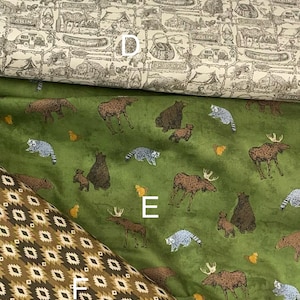 Pine Grove Fabric by Riley Blake Designs, Canoes, Cabin, Camping, Bears, Moose, green putty brown, wilderness outdoors, sold by yard