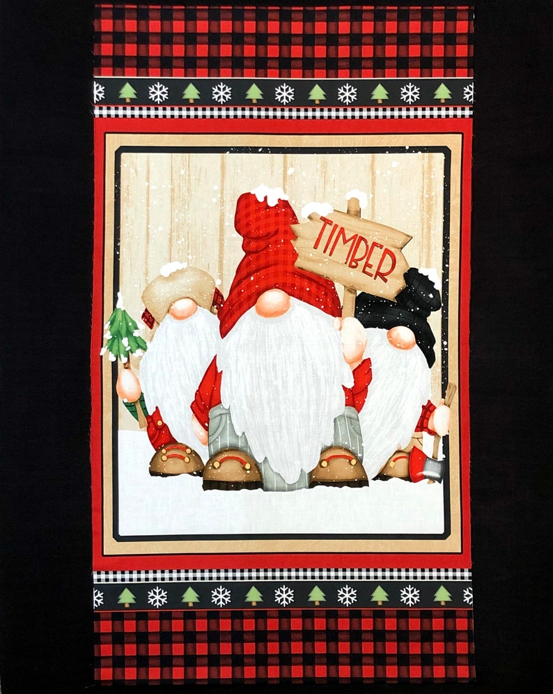 Timber Gnomies FLANNEL fabric panel, by Henry Glass, tan red black white, snowflakes, buffalo plaid, holiday Christmas fabric image 5