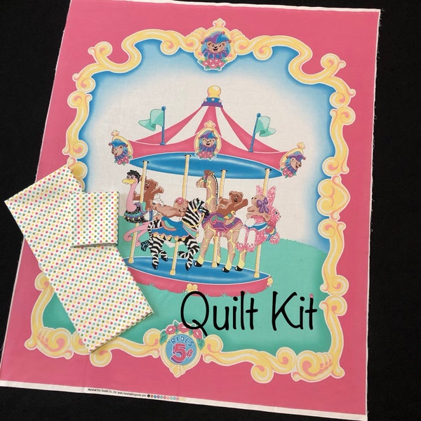 Merry Go Round girl QUILT KIT, zebra, giraffe. teddy bear, zoo animals, pink blue green, amusement park, top back and binding, polka dots