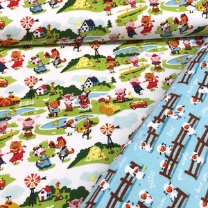 May include: A white fabric with a repeating pattern of farm animals, houses, and windmills. The fabric is blue and white with a repeating pattern of sheep with the text "good night", "sleep", "three dream", "L1ZZZZ", "you", "I love you", and "Zzzz".