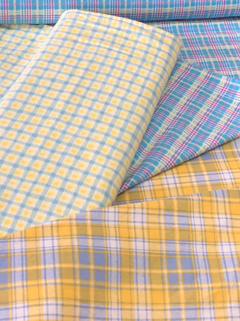 Plaid Flannel fabric dusty blue yellow orlight blue yellow | Etsy