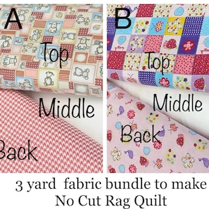 May include: A 3-yard fabric bundle for making a no-cut rag quilt. The bundle includes three different fabrics: a pink and brown fabric with a pattern of animals, a pink and purple fabric with a patchwork pattern, and a pink fabric with a pattern of butterflies and strawberries.