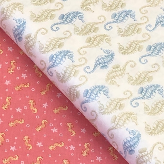 Sea horse Beachcomber fabric, blue beige, blush yellow, seahorse, ocean life, cotton quilt fabric, starfish, sold by the yard