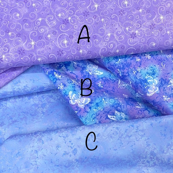 Fairy Frost Blue with Metallic Glitter, textured butterflies, purple swirls, 100% Cotton Quilting Fabric, quilt coordinates, lavender purple