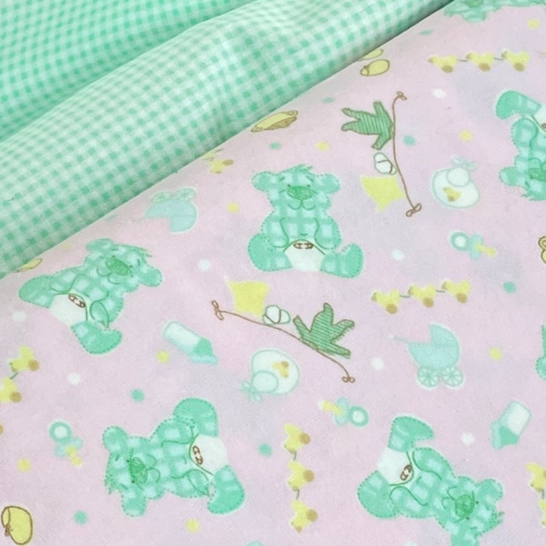Teddy bear on pink, green check teddy bear, Flannel fabric, yellow pink green plaid bear, honey pot, top quilt quilting flannel, by the yard