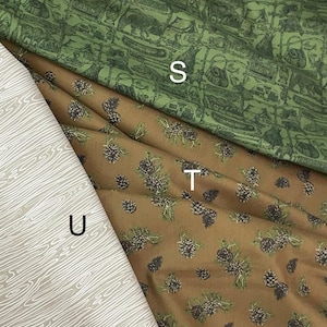 Pine Grove Fabric by Riley Blake Designs, Cabin, Camping, pinecones, tan cream woodgrain, green, brown wilderness outdoors, sold by yard