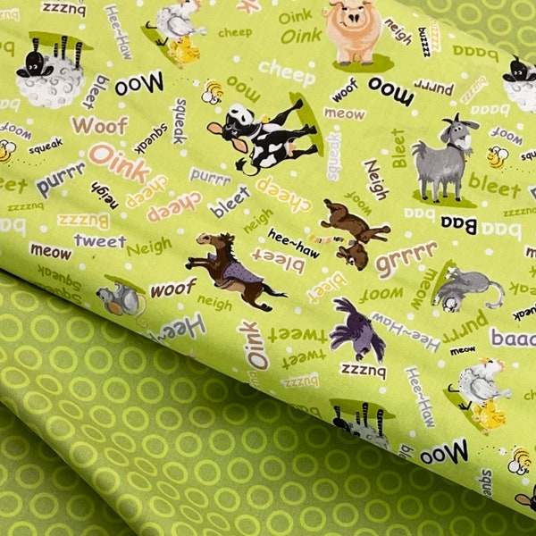 Barnyard Buddies, animals Noises, 100% cotton Quilt Fabric, Horse Cow, cat dog, Sheep Pig,  words on green, baa oink, meow woof baa baa