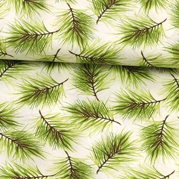 pine needles, Poinsettia & Pine,  tree leaf, cream green Black by Maywood Studio 100% Cotton Fabric, sold by the yard