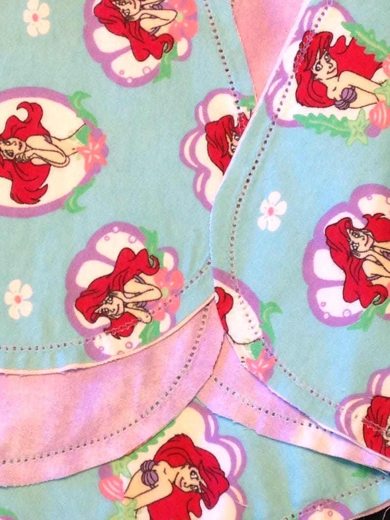 Little Mermaid Receiving blanket & burp cloth, Hemstitch crochet baby girl reversible flannel, lavender purple Coordinate aqua blue, Arial, image 2