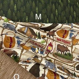 Pine Grove Fabric by Riley Blake Designs, Canoes Cabin, Camping, Bears Moose, pinecones, burlap woodgrain, wilderness outdoors, sold by yard