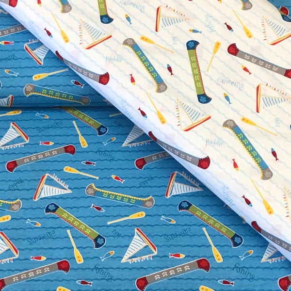 Canoe Sailboat, Camping fabric,  Let's go Glamping, fishing, summer Campers, blue white,  100% cotton quilting quality, curtains, tablecloth