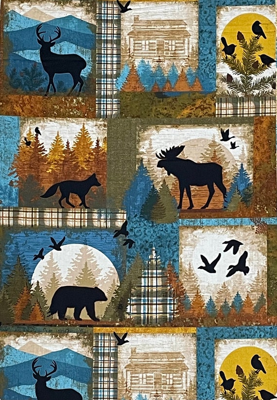 Woodland deer moose silhouette fabric, Wild and Free Multi Block Collage, bear wolf forest trees,plaid beige green blue brown by Clothworks