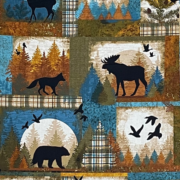 Woodland deer moose silhouette fabric, Wild and Free Multi Block Collage, bear wolf forest trees,plaid beige green blue brown by Clothworks