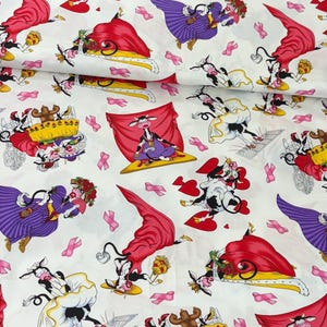 Cow girls party pink purple red fabric, dancing red hat cows, dressed up cows, bows, hearts, Tea party cows, purple swirls, red pink flowers