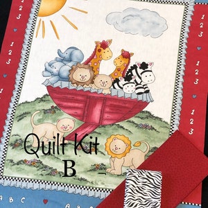 Noah&#39;s Ark QUILT KIT jungle animal FLANNEL panel, zoo animals, giraffe, zebra, lion, elephant, sunshine red blue green, top back and binding