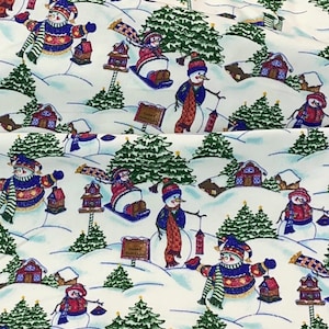 Snowman, sleigh ride, Christmas flannel, snowflakes, snowmen family flannel fabric, Christmas trees, winter blue, holiday fabric, stars