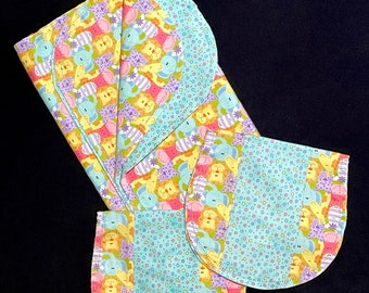 Hohlsaum Dschungel Zootier Empfangsdecke, 2 Spucktücher, DIY häkeln, Baby-Flanell, aqua gelb, Elefant, Zebra, Giraffe, doppelseitig