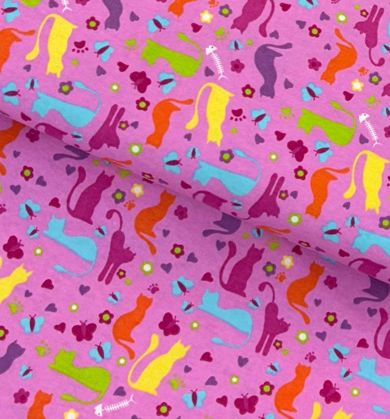 Pink Kitty Cat flannel, kitten fabric, bright colors, bright pink baby blanket fabric, child quilting fabric, sold by the yard image 3