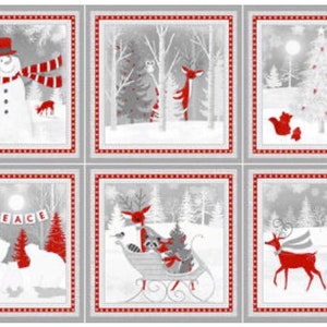 Panel z tkaniny świątecznej Winter Frost Holiday, czerwono-szaro-biały, Henry Glass, sanie reniferów, las bałwanów, choinki, płatki śniegu