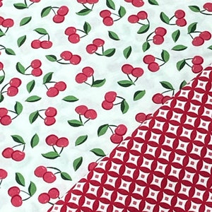 Cherry summer picnic, summer blush red coordinate, by Riley Blake, white cotton broadcloth quilt fabric, tossed cherries, cute combination