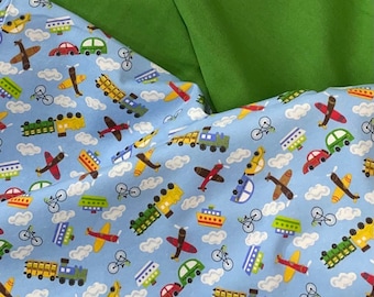 Airplane train boat bike car blue flannel, blue flannel, clouds, green flannel coordinate, aviation, boy fabric, On the Go, cotton flannel