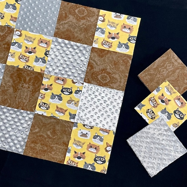 Cat kitten quilt kit, 72 quilt blocks 7" flannel and Minky fabric pre cut squares, gray brown yellow, boy girl blanket, rag quilt kit 36x36