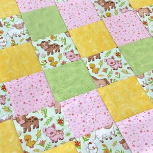 Farm Babies grazing on green quilt kit, 72 flannel squares, baby farm animals,  Horse, Sheep, Duck, Cow, Pig & Chicken green yellow pink