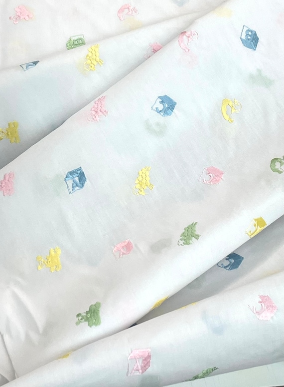 Baby Broadcloth embroidered fabric, white & pastel quilt fabric, girl dress, Newborn, duck teddy bear, alphabet, cotton polyester blend