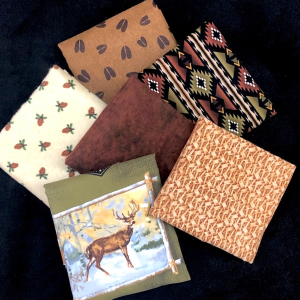 Deer winter fabric bundle, 1/2 yards, geometric, woodland, deer hoof, green rust tan, acorn 6 patterns, top quality cotton quilting fabrics