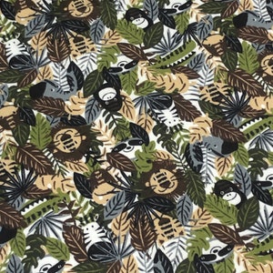 Jungle zoo Animals, zebra elephant lion monkey, safari, palm tree leaves, brown tan black white green children baby FLANNEL, 100% Cotton