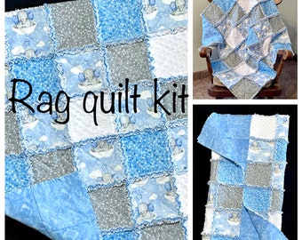 Blue Elephant rag quilt kit, 72 quilt blocks 7&quot; flannel fabric pre cut squares, blue white stars clouds balloon, baby boy 36x36 with pattern