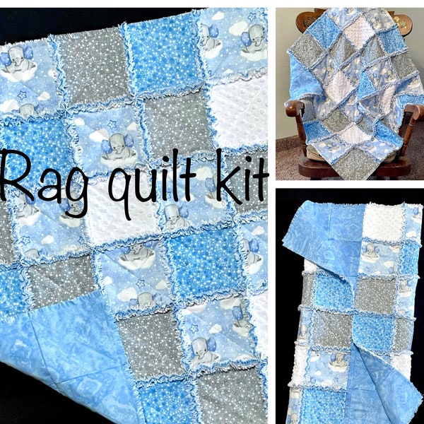 Blue Elephant rag quilt kit, 72 quilt blocks 7" flannel fabric pre cut squares, blue white stars, clouds, balloon, baby boy 36x36, patchwork