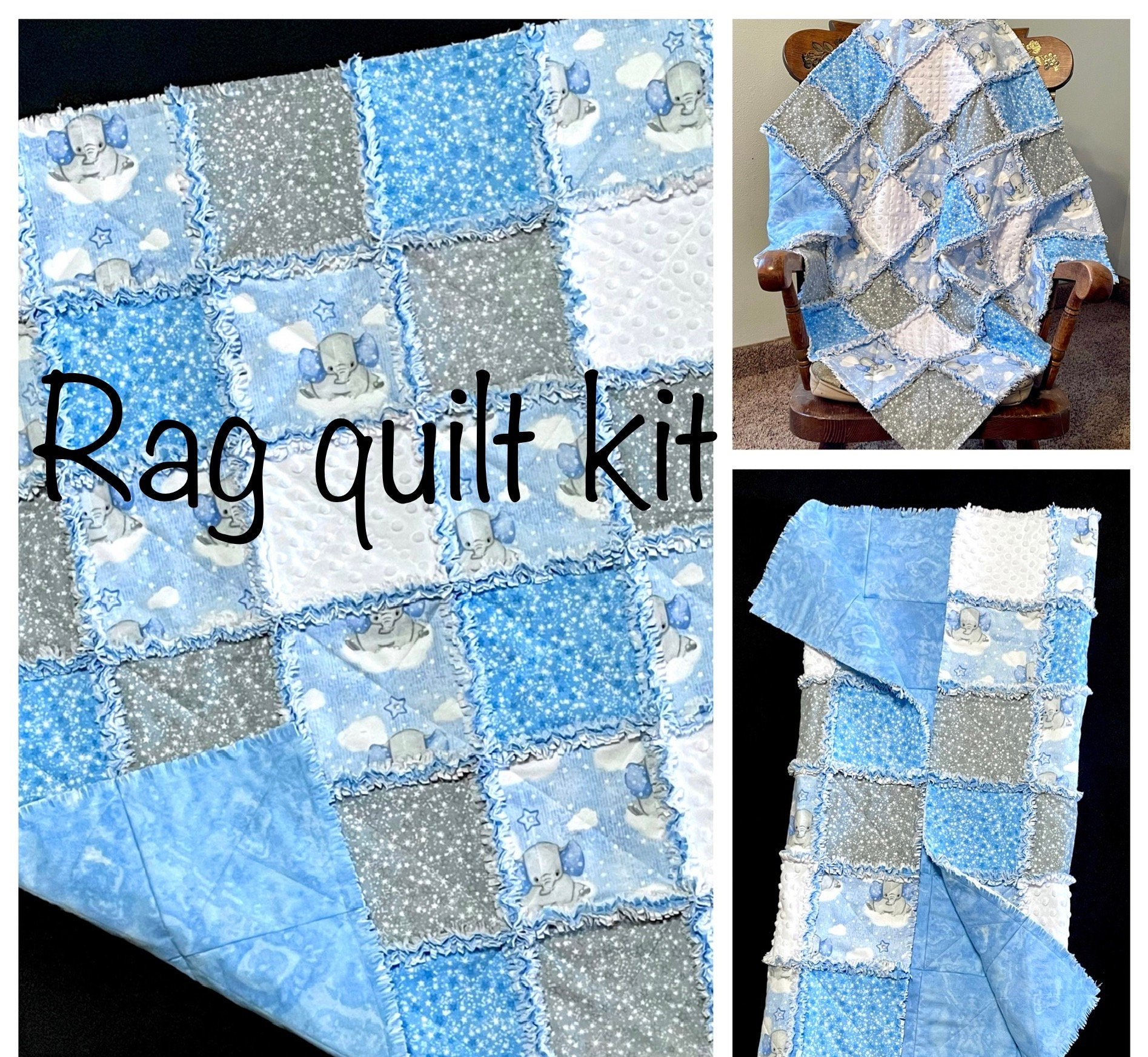 Blue Elephant rag quilt kit, 72 quilt blocks 7" flannel fabric pre cut squares, blue white stars clouds balloon, baby boy 36x36 with pattern