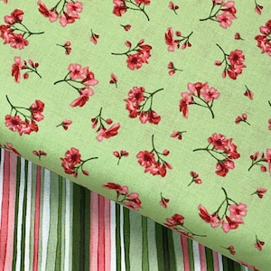 Prose white green pink, flowers, stripes, summer spring flower garden, green white, dark green stripe, cotton Maywood Studio