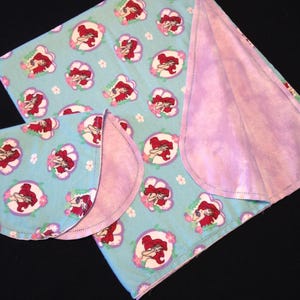 Little Mermaid Receiving blanket & burp cloth, Hemstitch crochet baby girl reversible flannel, lavender purple Coordinate aqua blue, Arial, image 4