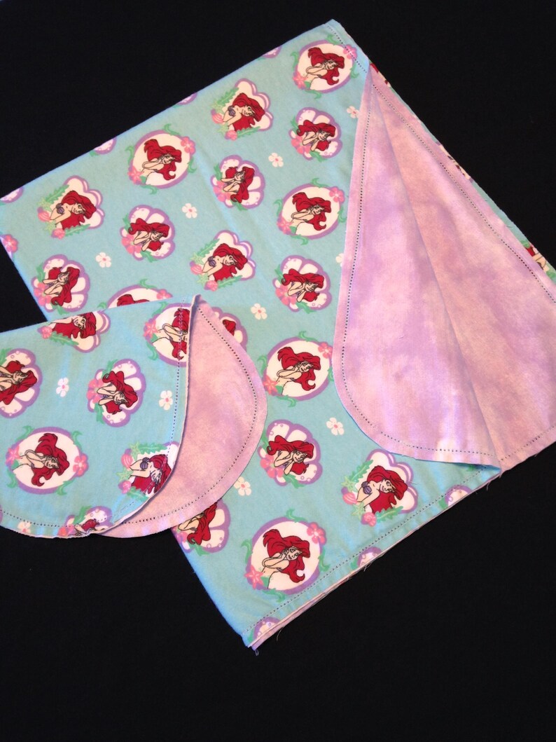 Little Mermaid Receiving blanket & burp cloth, Hemstitch crochet baby girl reversible flannel, lavender purple Coordinate aqua blue, Arial, image 4
