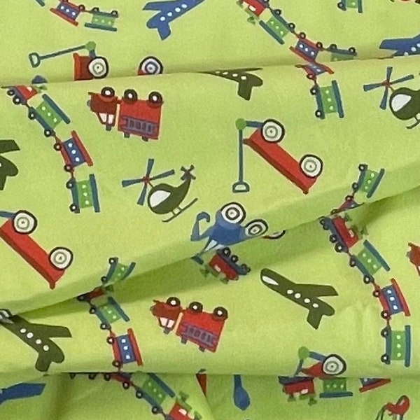 Train track Flannel fabric, airplane, trucks fire truck, scooter,  choo choo  train flannel,  baby boy and toddler nursery, green cream