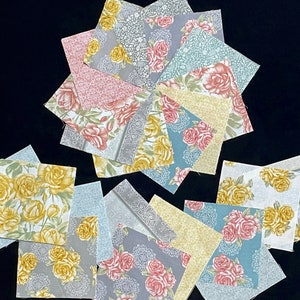 SALE flowers, 30 Charm 5 inch square quilt blocks, cotton, gray pink white yellow, roses,  precut quilt block bundle, quilt addition, crafts
